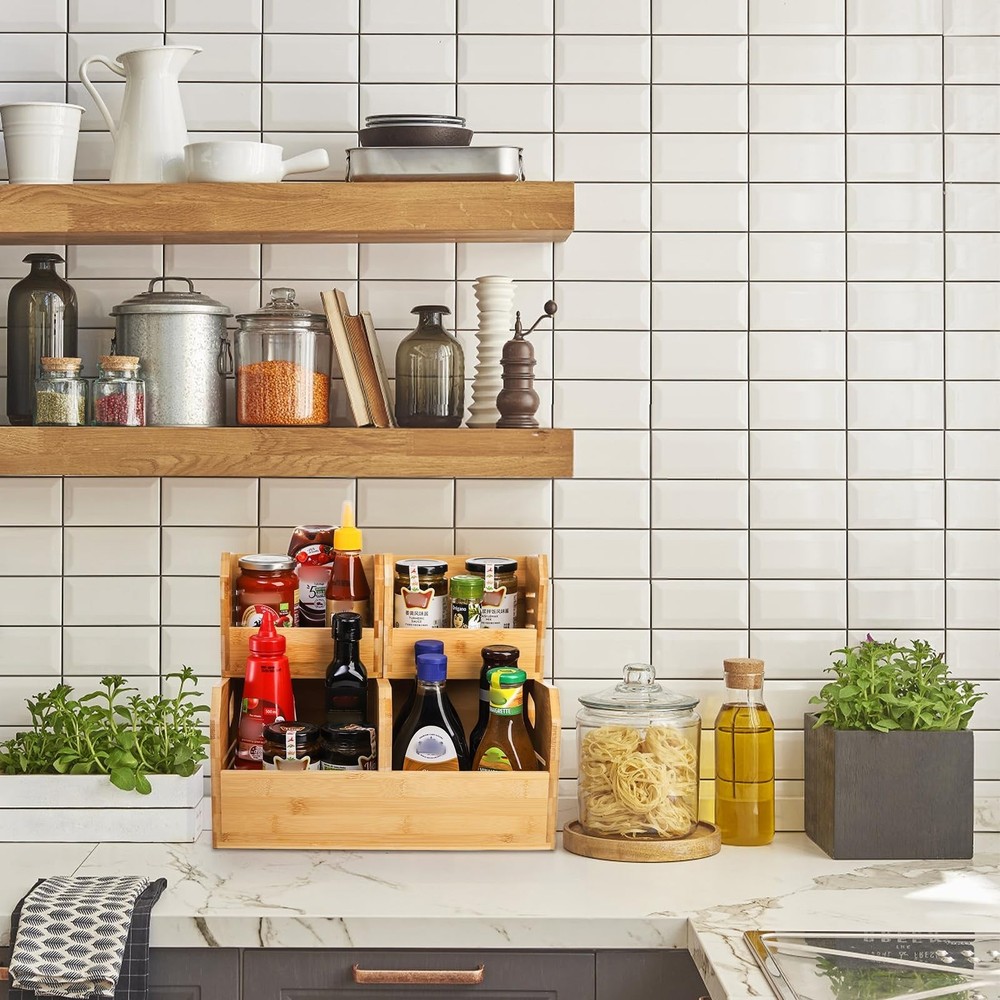 2 Tier Bamboo Stackable Storage Bins, 4 Compartment Potato and Onion Storage ...