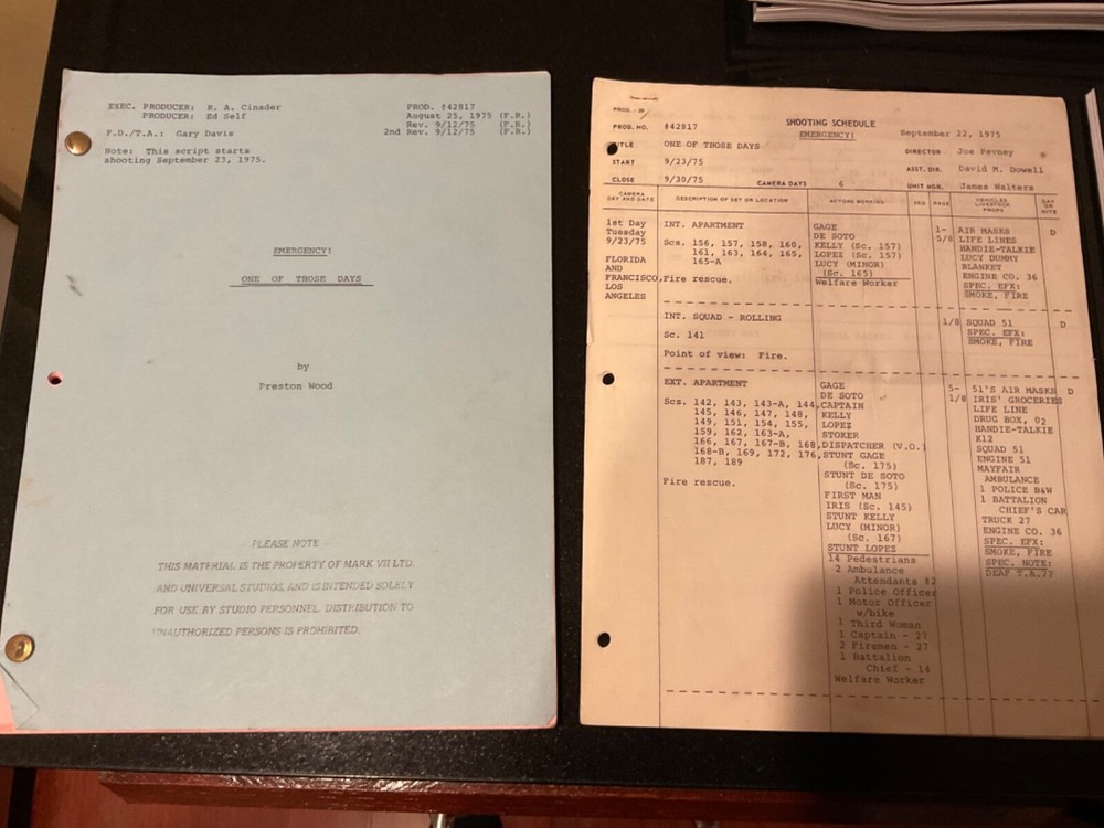 Original EMERGENCY script + shooting schedule ONE OF THOSE DAYS  1975