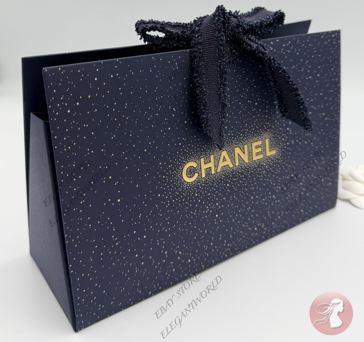CHANEL Origami Signature DARK BLUE GIFT BOX w/ Ribbon & Tissue 8.75" x 5.5" x 3"