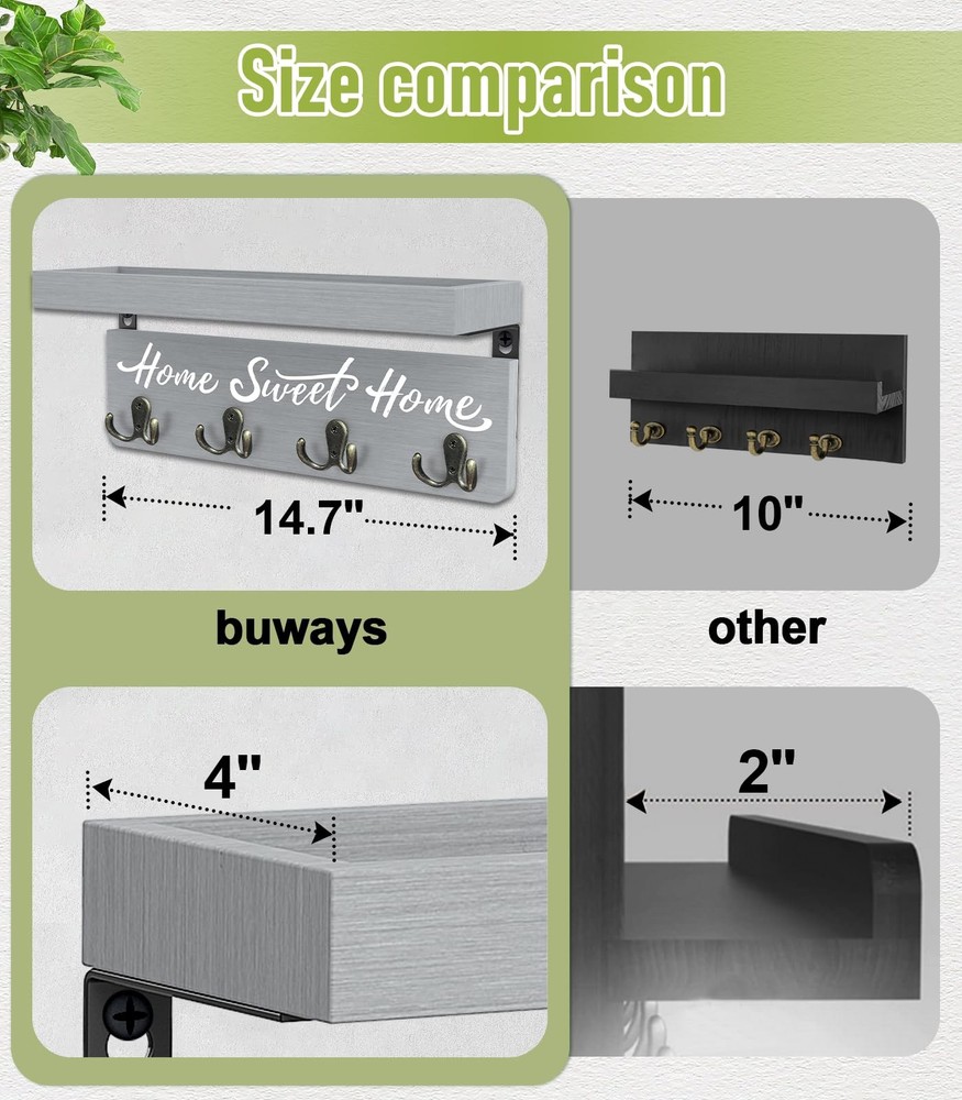 buways Key Holder Wall Mount with 4 Double Hooks-Solid Wood 15lb, Gray