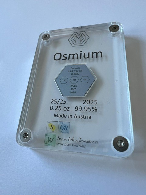 2025 Hexagonal 0.25 Troy Oz bar of Osmium, Mintage of 25!