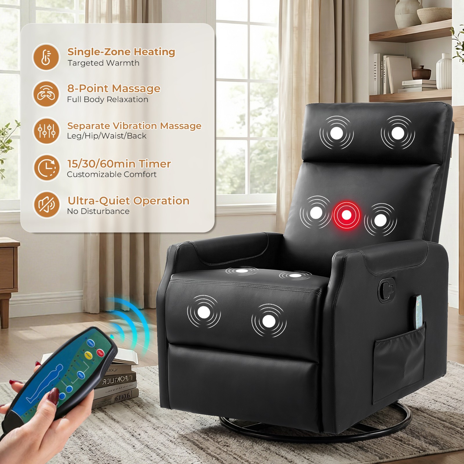 EBELLO Manual Swivel Recliner Chair with Massage & Heat, PU Leather Rocker Chair