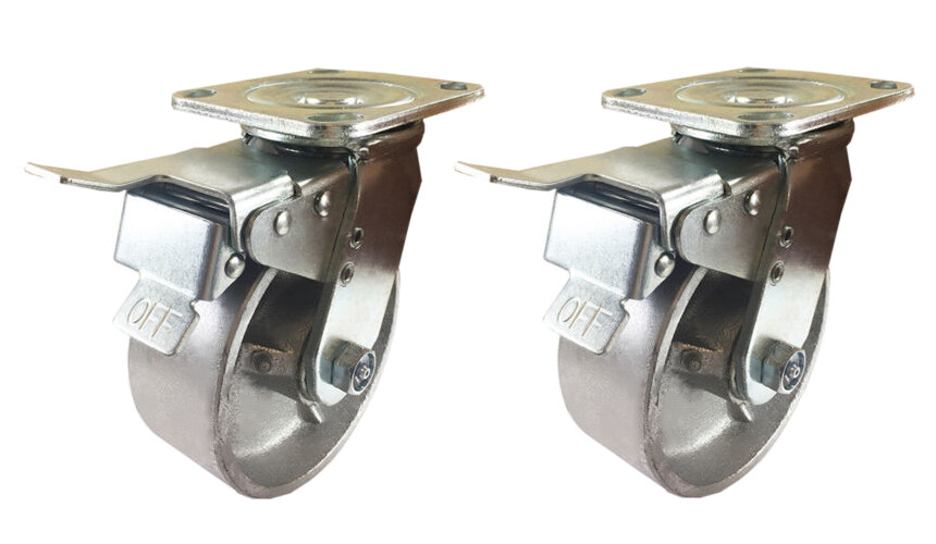 2 Heavy Duty Caster Set 4" 5" 6" 8" Steel Wheels Rigid Swivel Brake Total Lock