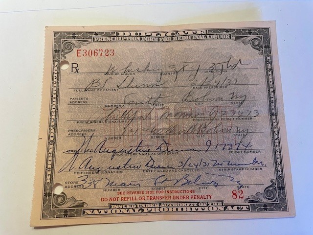 Early 1930's Prohibition Prescription for Medicinal Liquor - Quantity 1