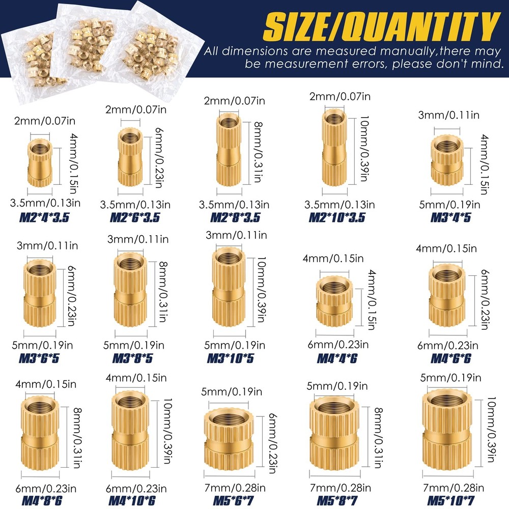 500Pcs Threaded Inserts Kit M2 M3 M4 M5 - Female Thread Heat Set Insert, Brass K