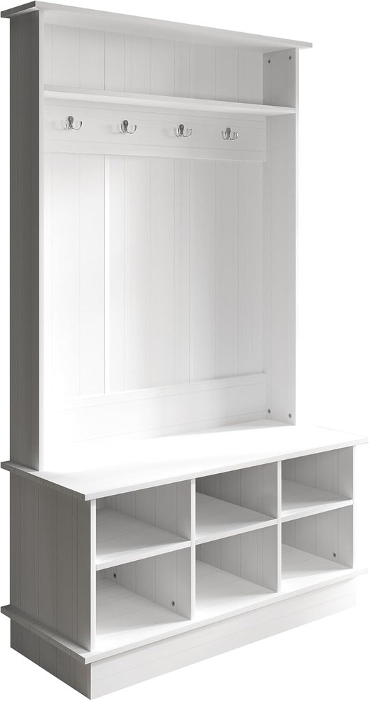 Entryway Hall Tree W/ Bench & 6 Storage Cubbies White
