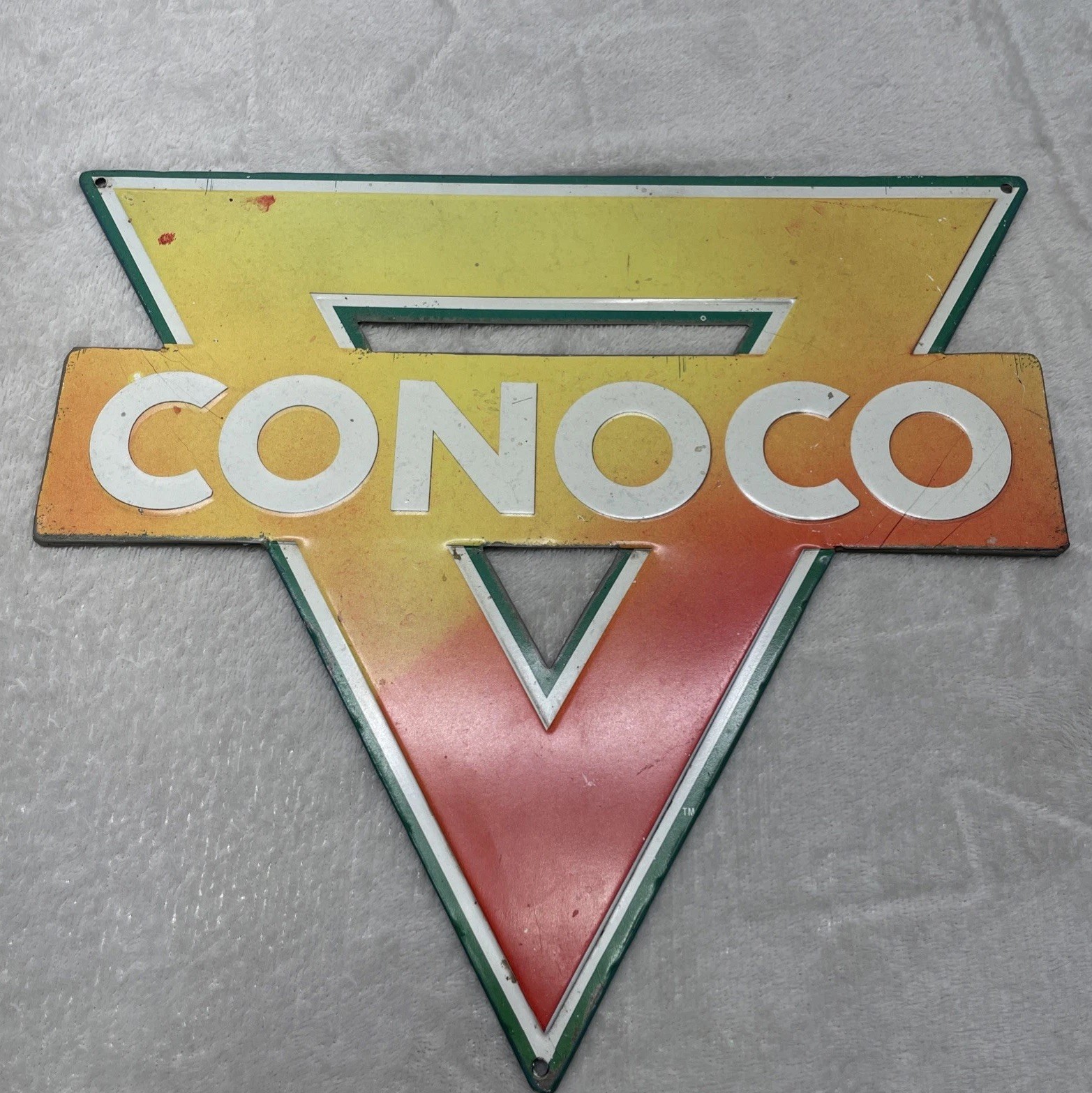 VINTAGE CONOCO Sign 12" Gasoline METAL Service Station Oil Red Yellow Faded