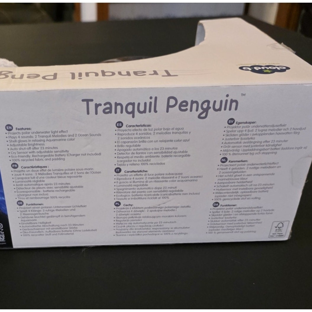 Cloud b Baby Sound Machine Night Lights Tranquil Penguin Rechargeable Cry Sensor