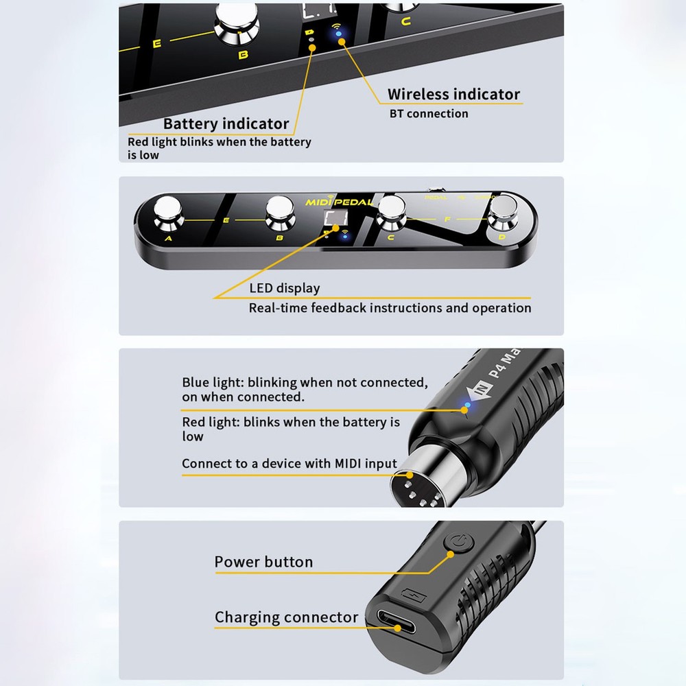 Wireless MIDI Controller Pedal 5 Modes Digital Display For Musicians VTOS