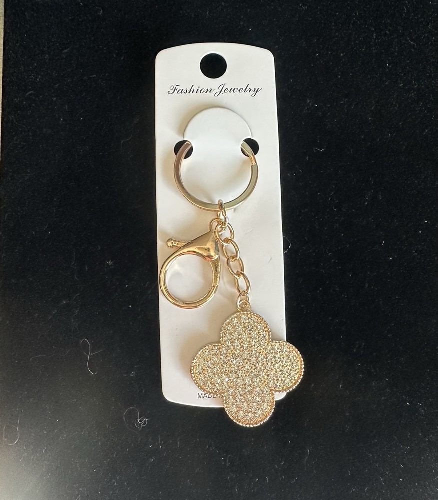 Rhinestone 4 Leaf Clover Gold Keychain
