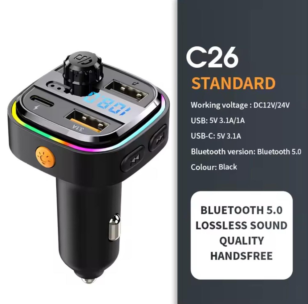 C26 Car FM Transmitter Dual USB Type-C Bluetooth Wireless Speaker Hands-Free MP3