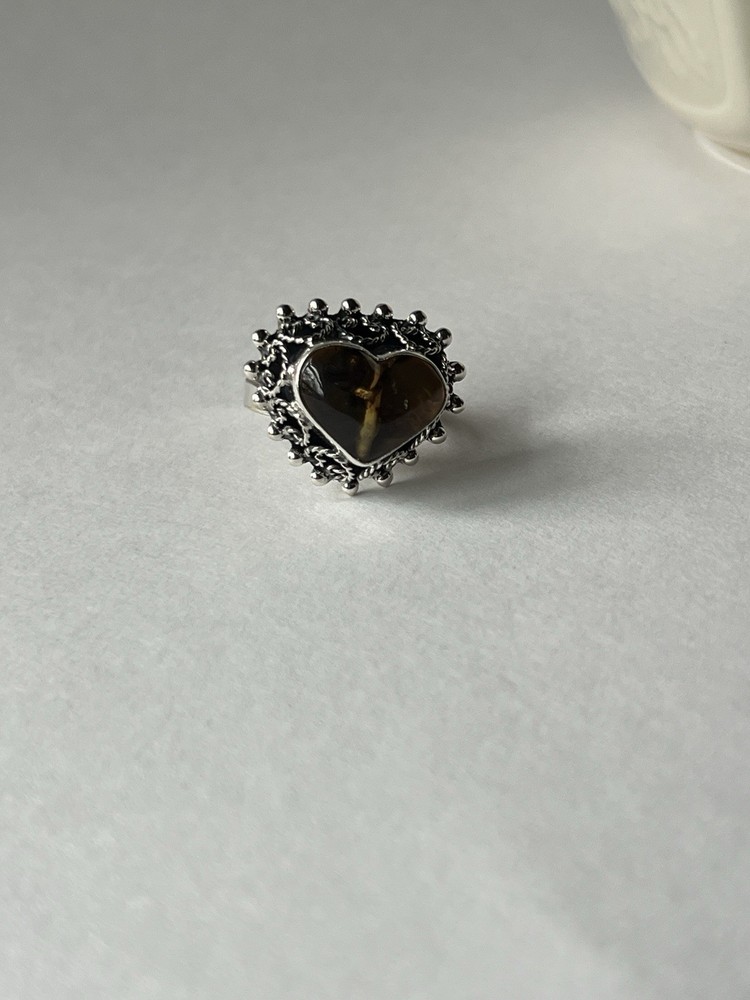 Amber Heart Ring 925 Sterling Silver Adjustable Artisan Statement