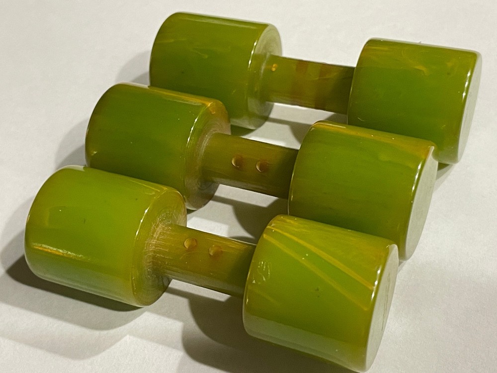 HUGE Bakelite Toggle Barbell Buttons (THREE). Marbled Green. 1940s