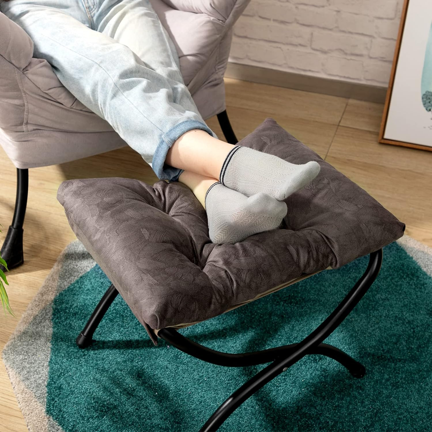 15"(H) Folding Footrest Stool, Upholstered Small Foldable Ottoman, Accent