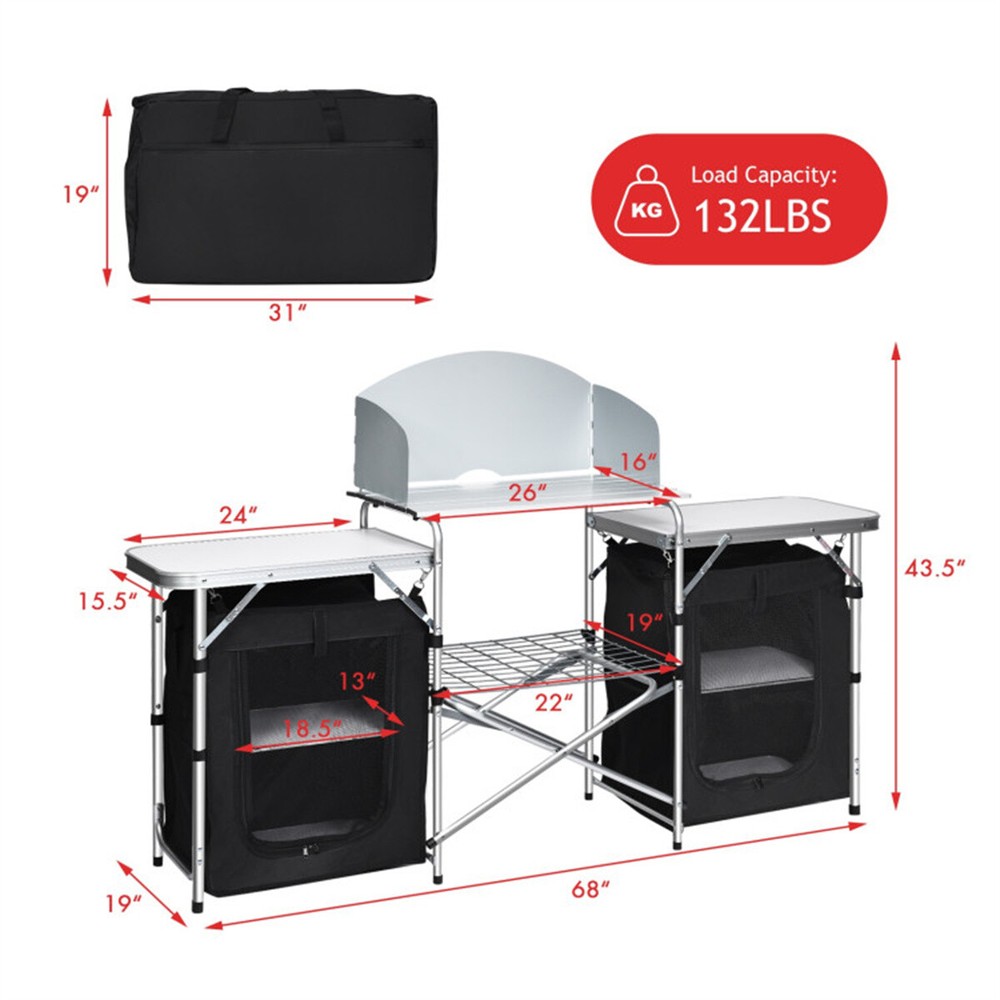 Foldable Camping Kitchen with 2-sided Windshield Pockets