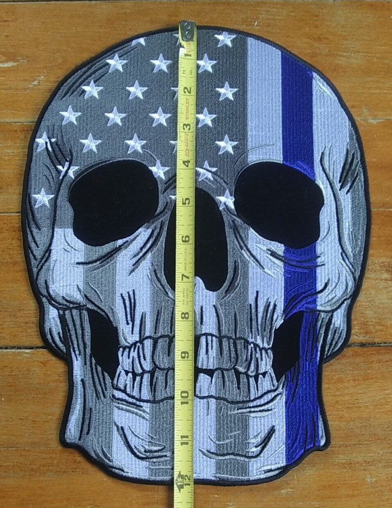 LARGE Embroidered Back Patch ~ Police USA Flag Thin Blue Line SKULL Jacket PATCH