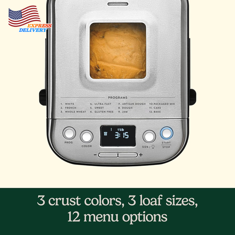 Bread Maker Machine Stainless Steel Automatic Bread Machine with 12 Menu Options