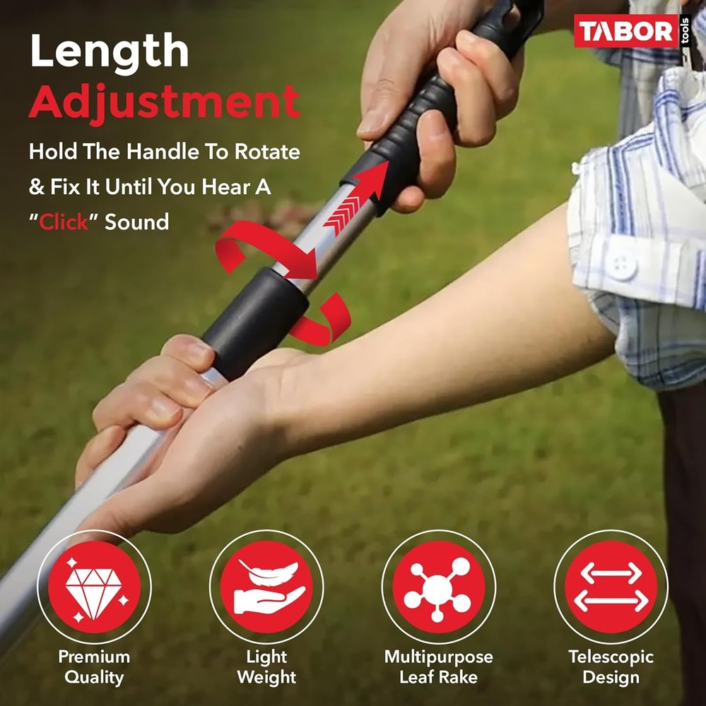 Adjustable Metal Rake - Collapsible & Telescopic - Red, Black