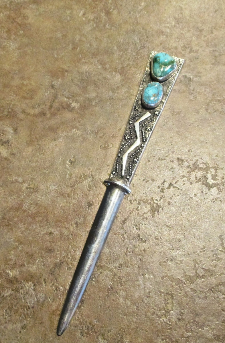 7" TOP SHELF !!! Vintage Navajo Sterling Turquoise Sandcast LETTER OPENER