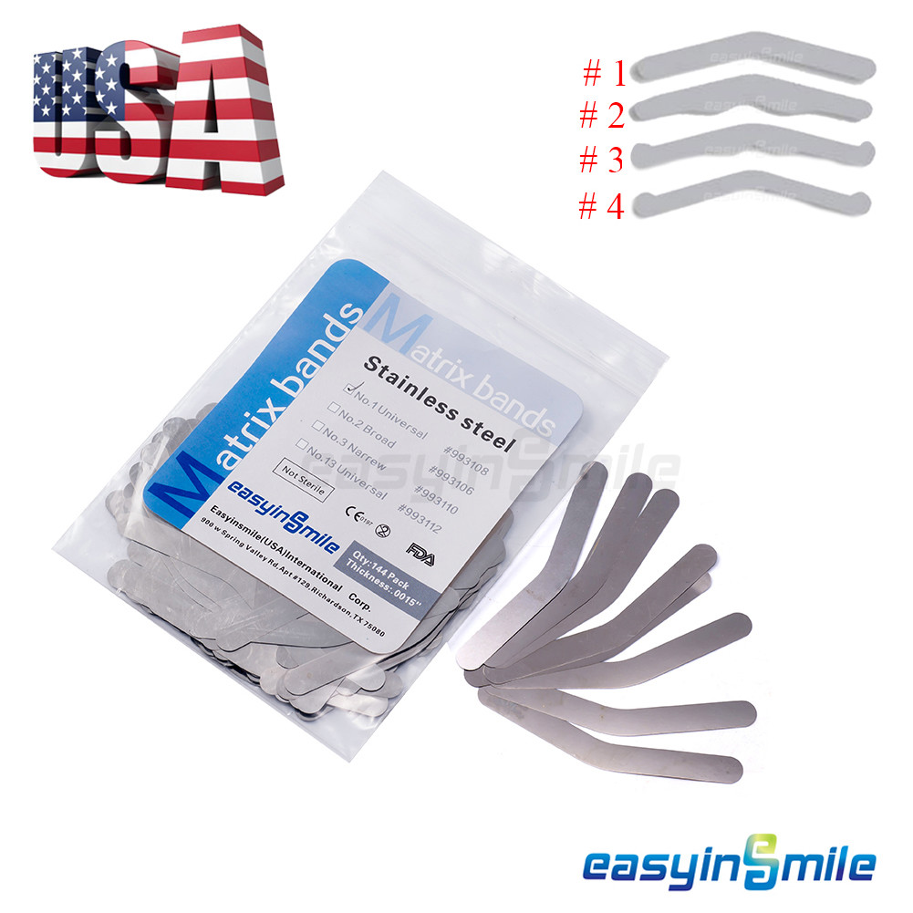 144X EASYINSMILE Dental Tofflemire Stainless Steel Matrix Bands0.015'0.04mm #1-4