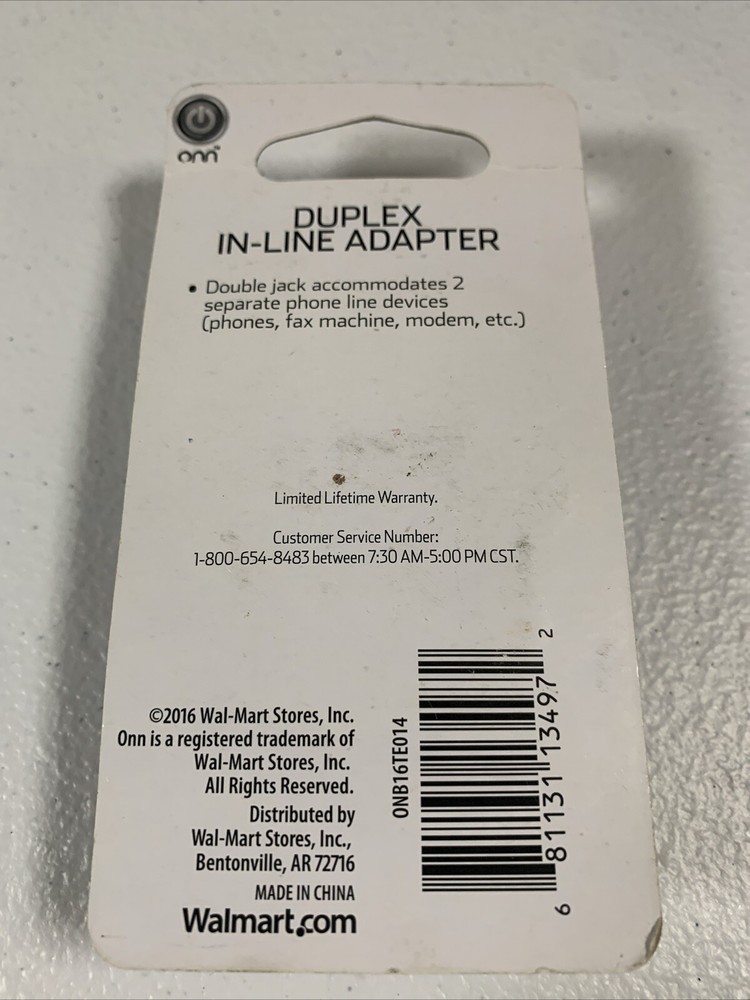 Duplex In Line Adapter ONN Accommodates 2 Separate Phone Line Devices White