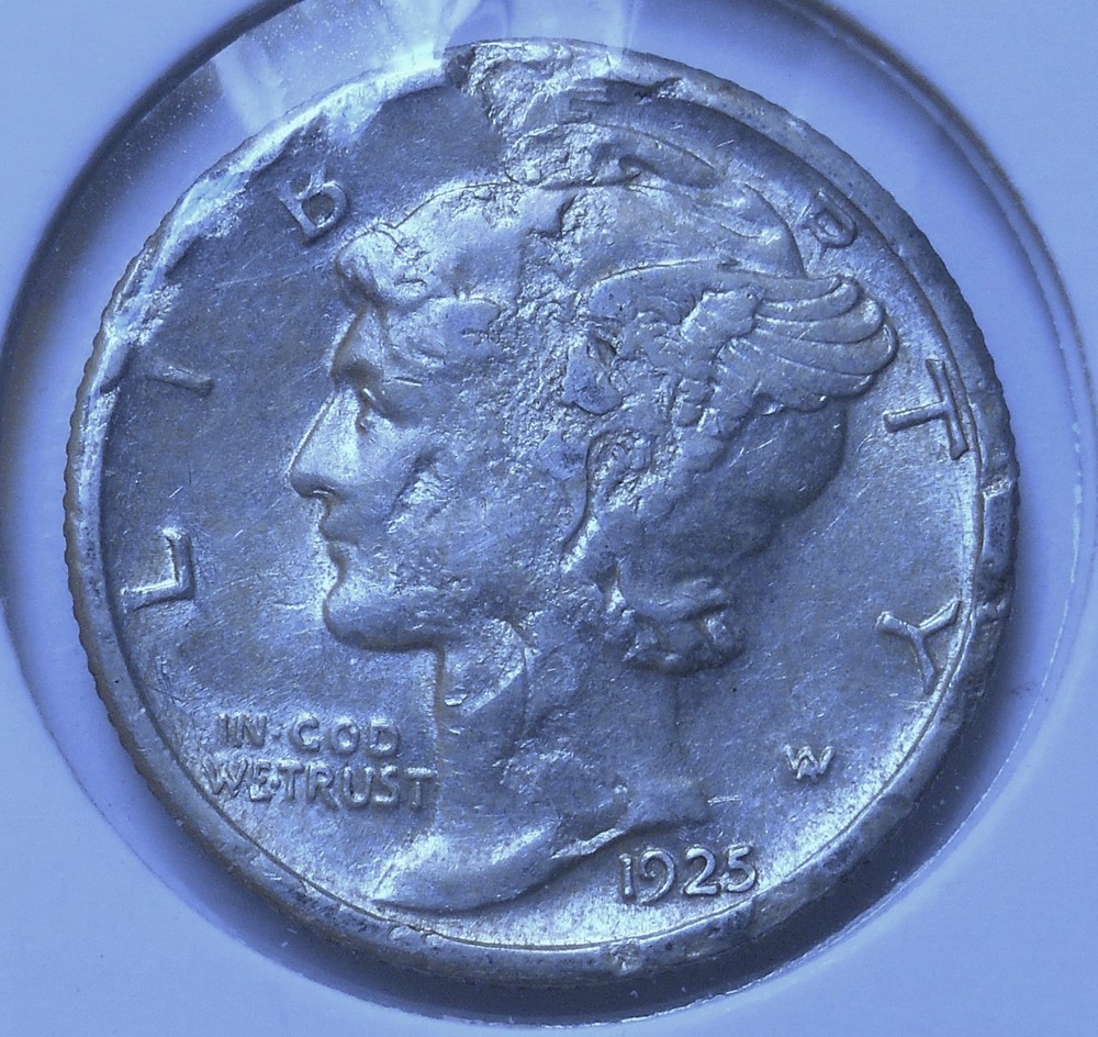 1925-s . Mercury Dime  .  XF  .  Extra Fine . Error damage . Struck Through