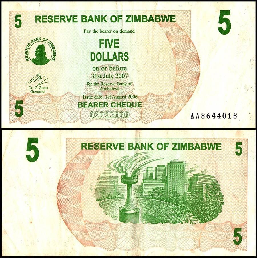 Zimbabwe 5 Dollars Bearer Cheque, 2006, P-38, Used
