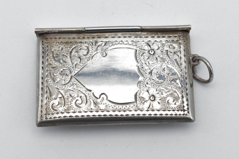 Antique Solid Silver Double Stamp Case Scroll Pattern Engraved Envelope Shape
