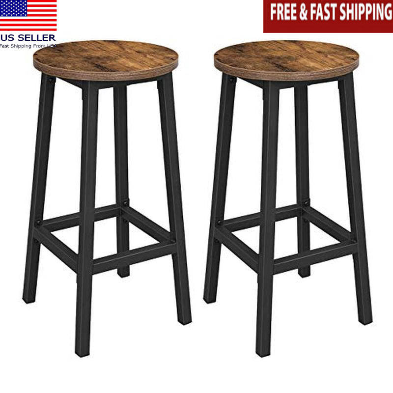 Rustic Industrial Round Bar Stool Set 2 Steel Frame Easy Assembly Kitchen Dining