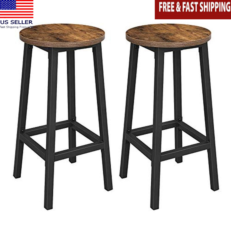 Rustic Industrial Round Bar Stool Set 2 Steel Frame Easy Assembly Kitchen Dining