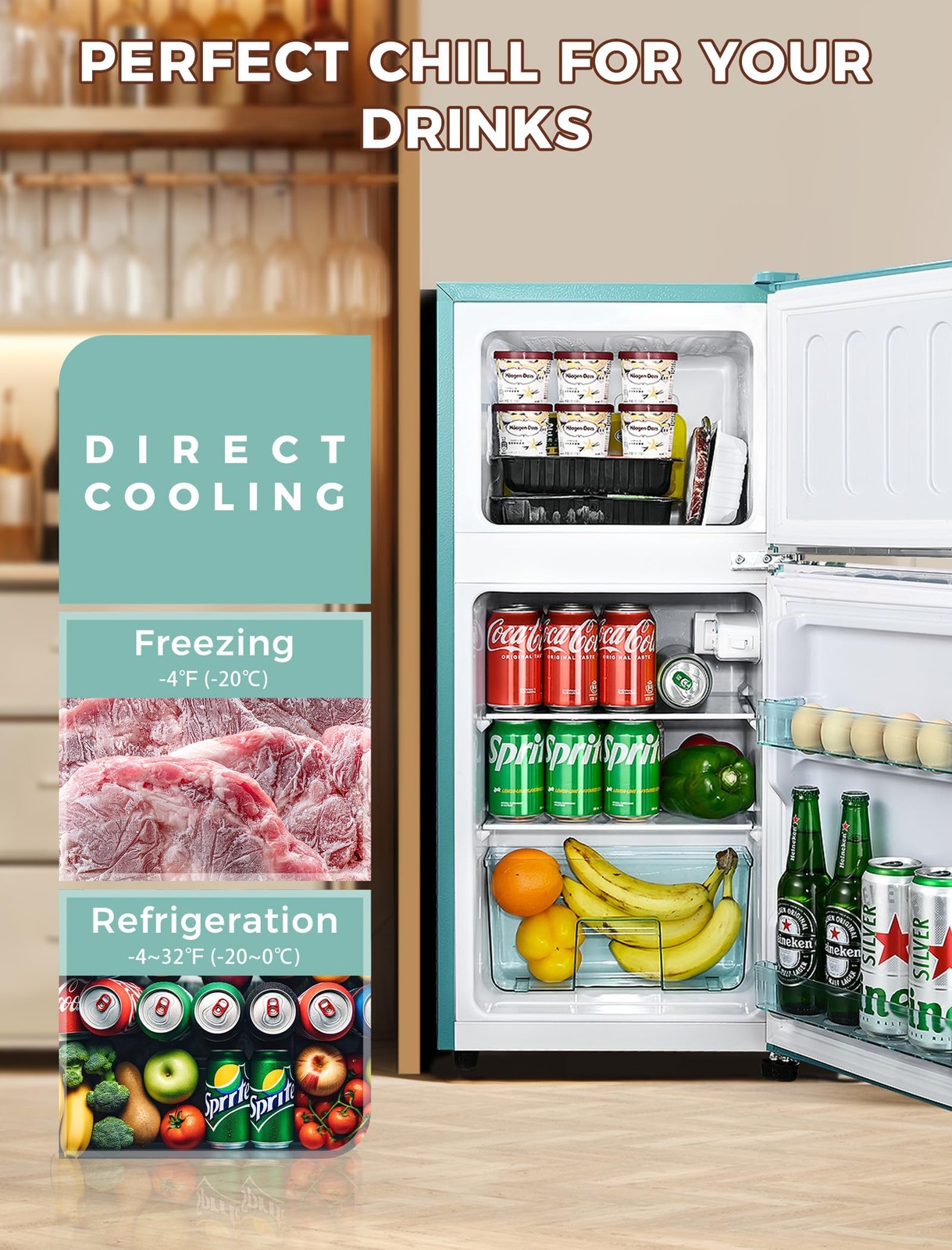 3.2 CuFt Retro Double Door Fridge Freezer 7 Temp Settings Blue