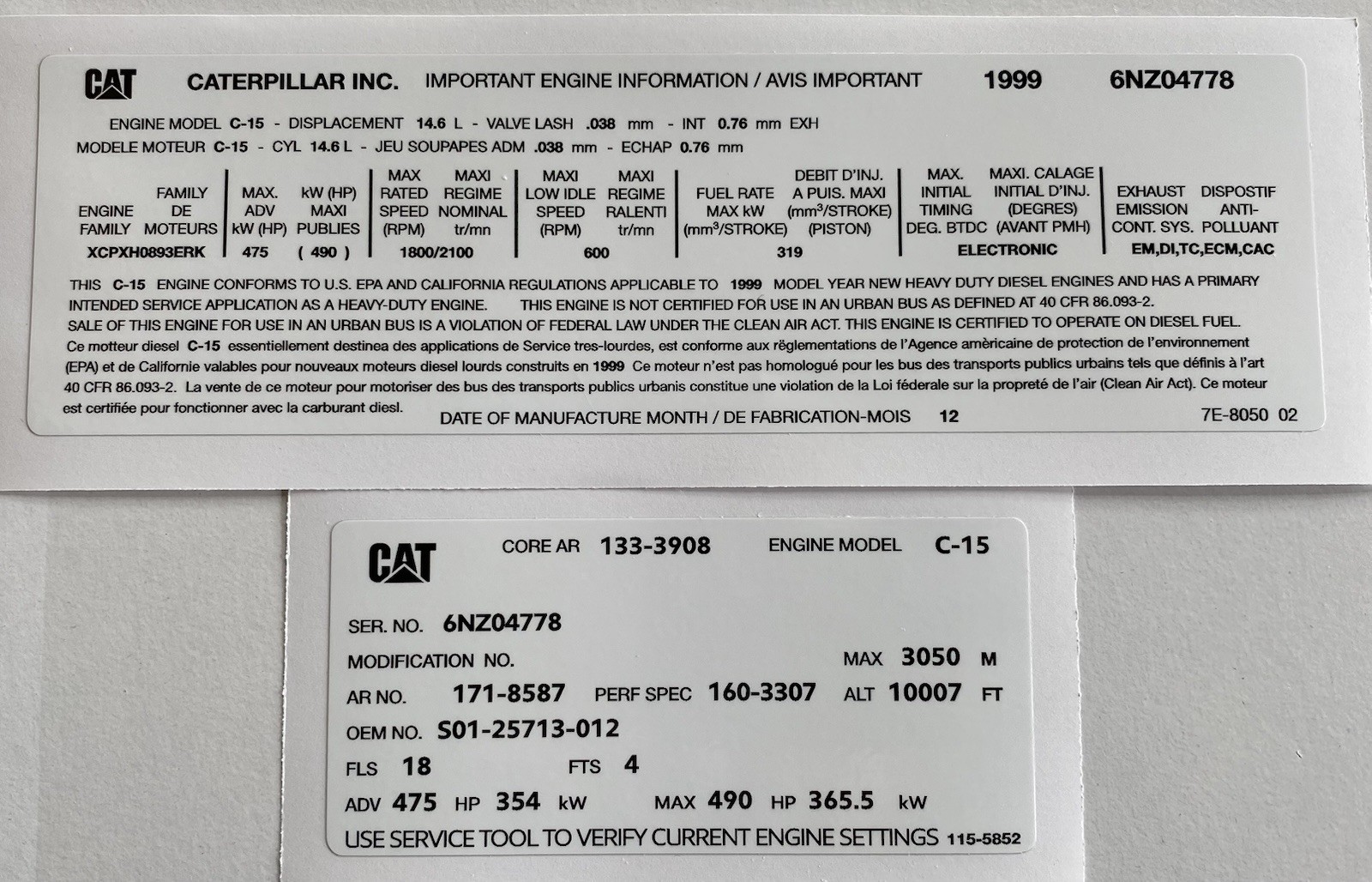 1999 Caterpillar 6NZ Engine Sticker For Offroad Use Only