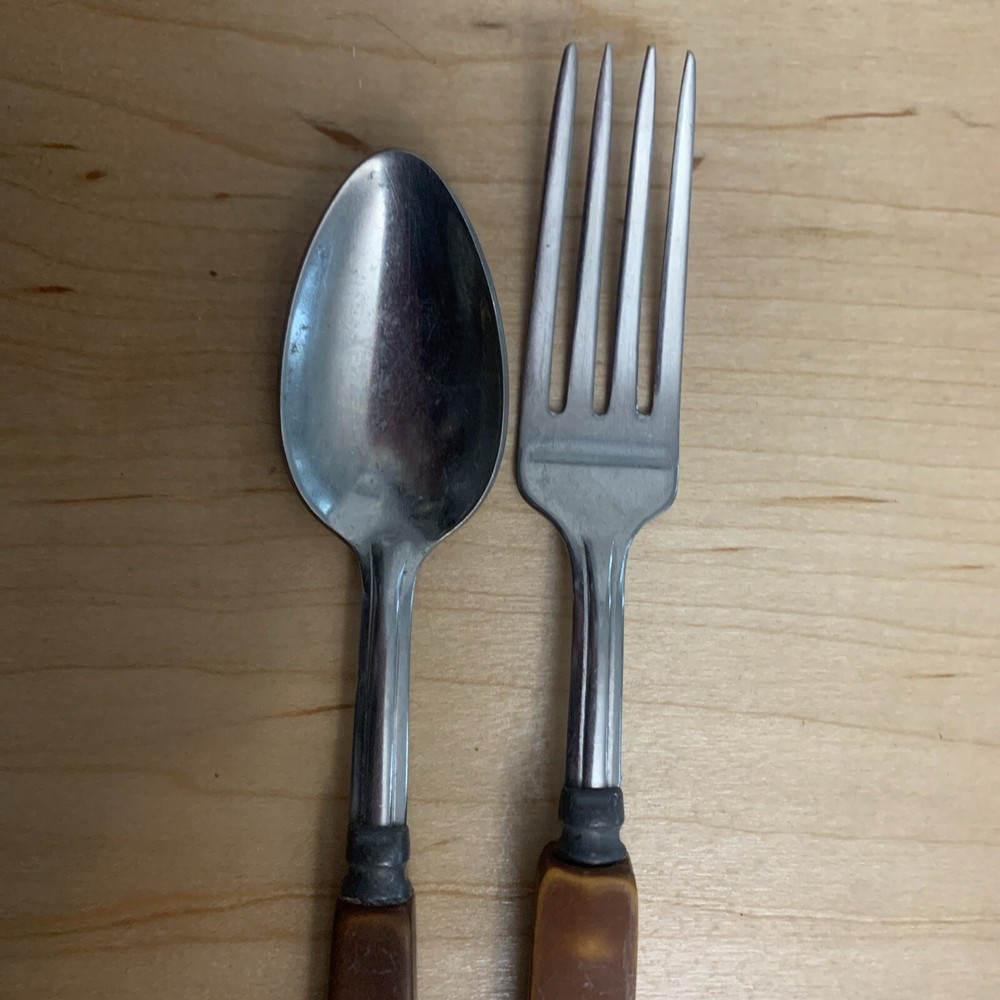 Bakelite Fork And Spoon Stainless Flatware Set Two Tone Brown