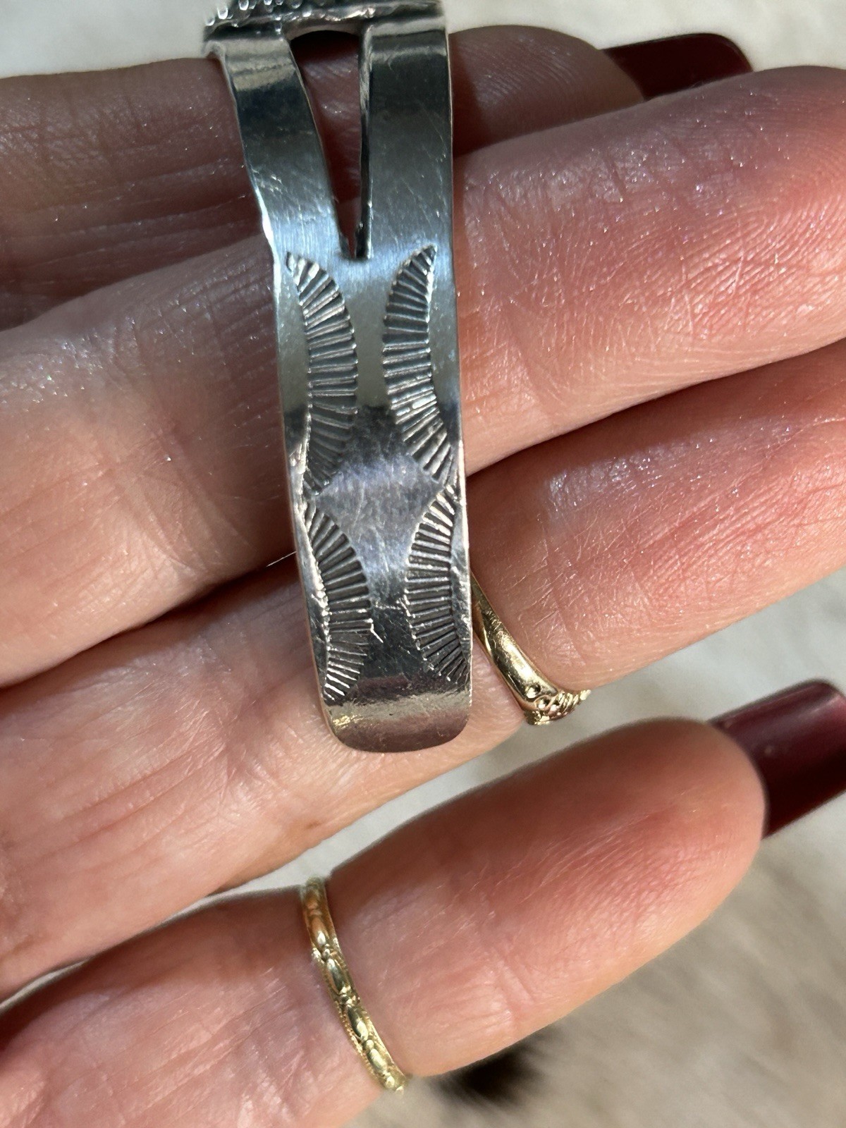 Turquoise & Sterling Silver Cuff Bracelet with Designs. Unmarked But Tested. 7"