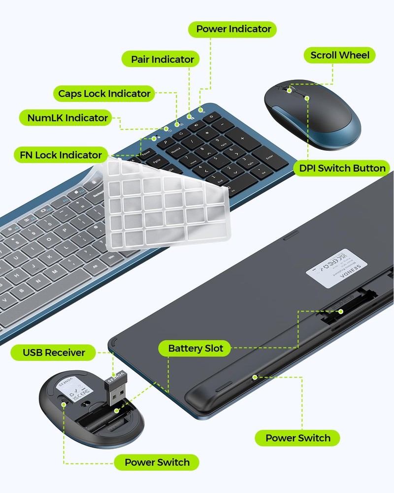 Wireless Keyboard Mouse Combo Full Size Slim 2.4G Numeric Keypad Black Blue