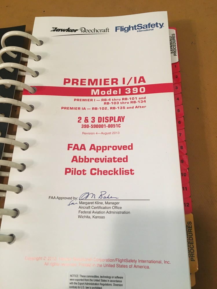 Hawker Premier 1/1A 390 Normal, Emergency, Abnormal Procedures Pilot Checklist