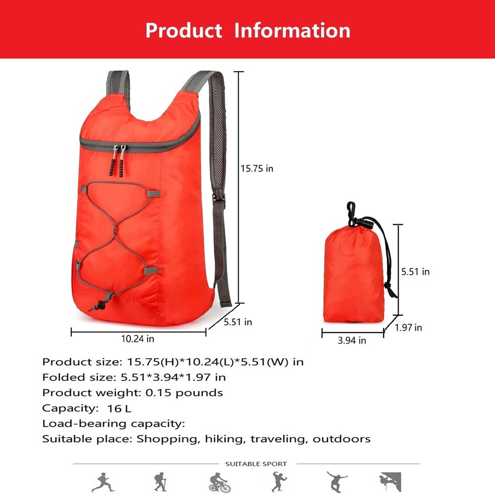16L Lightweight Foldable Hiking-Backpack Small Packable-Daypack For Travel,Ul...