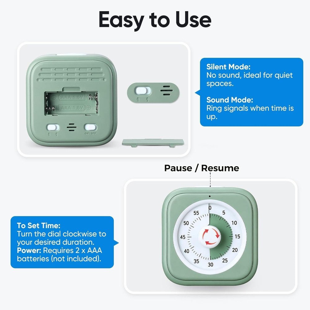 Visual Countdown Timer for Kids - 60 Minutes, Silent Operation, Portable Design