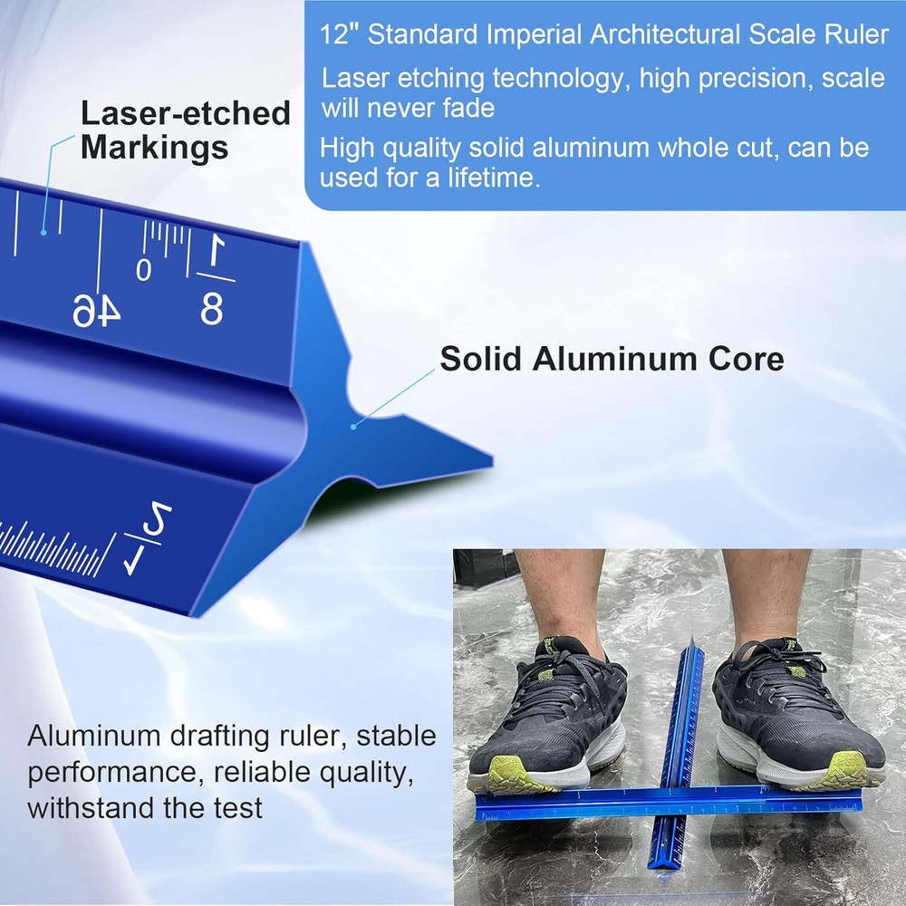 Architectural Scale Ruler, 12'' Imperial Architect Scale, Aluminum Engineer Scal