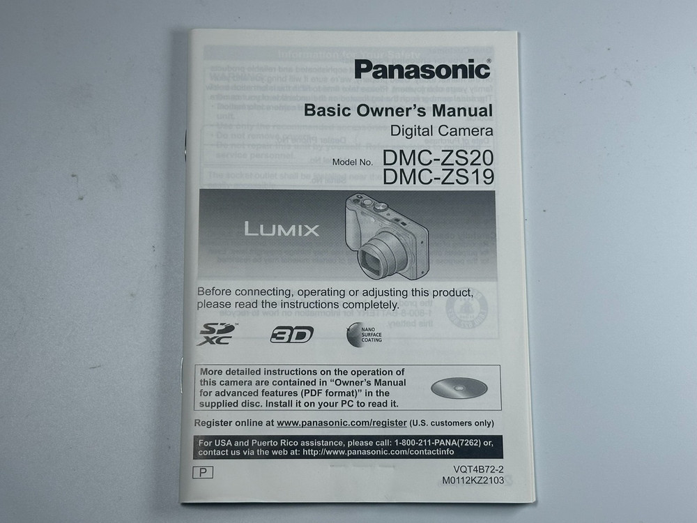 Panasonic DMC-ZS19 DMC-ZS20 Digital Camera Digital Basic Owner's Manual