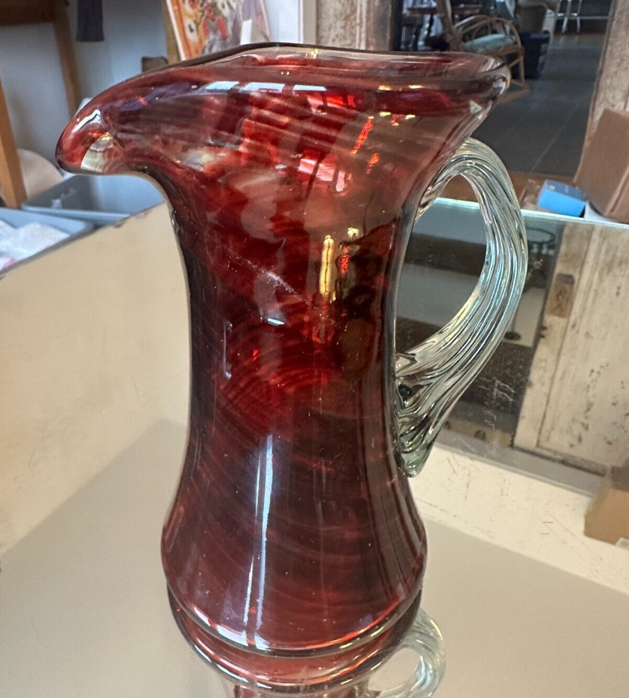 Hand blown Glass Ruby Red Pitcher Applied Ribbed Clear Glass Handle Bubbles Read