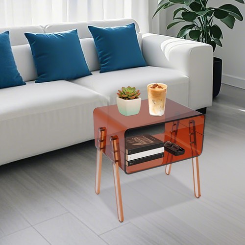 Acrylic Side Table Brown Double Shelf Open Storage End Table For Living Room
