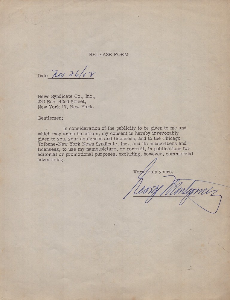 GEORGE MONTGOMERY - DOCUMENT SIGNED 11/26/1958