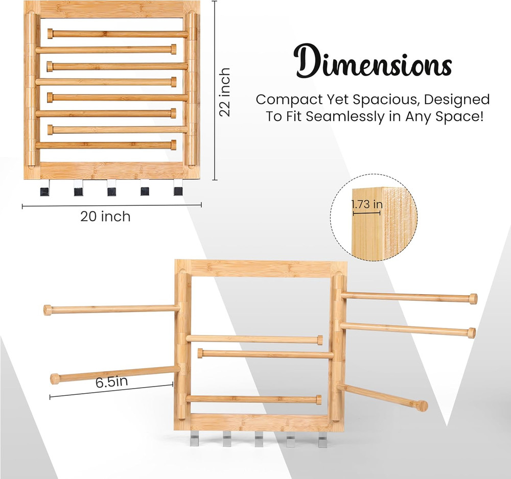 Bamboo Wall Mounted Drying Rack - 20" with Hooks & 8 Arms, 80 lbs Capacity