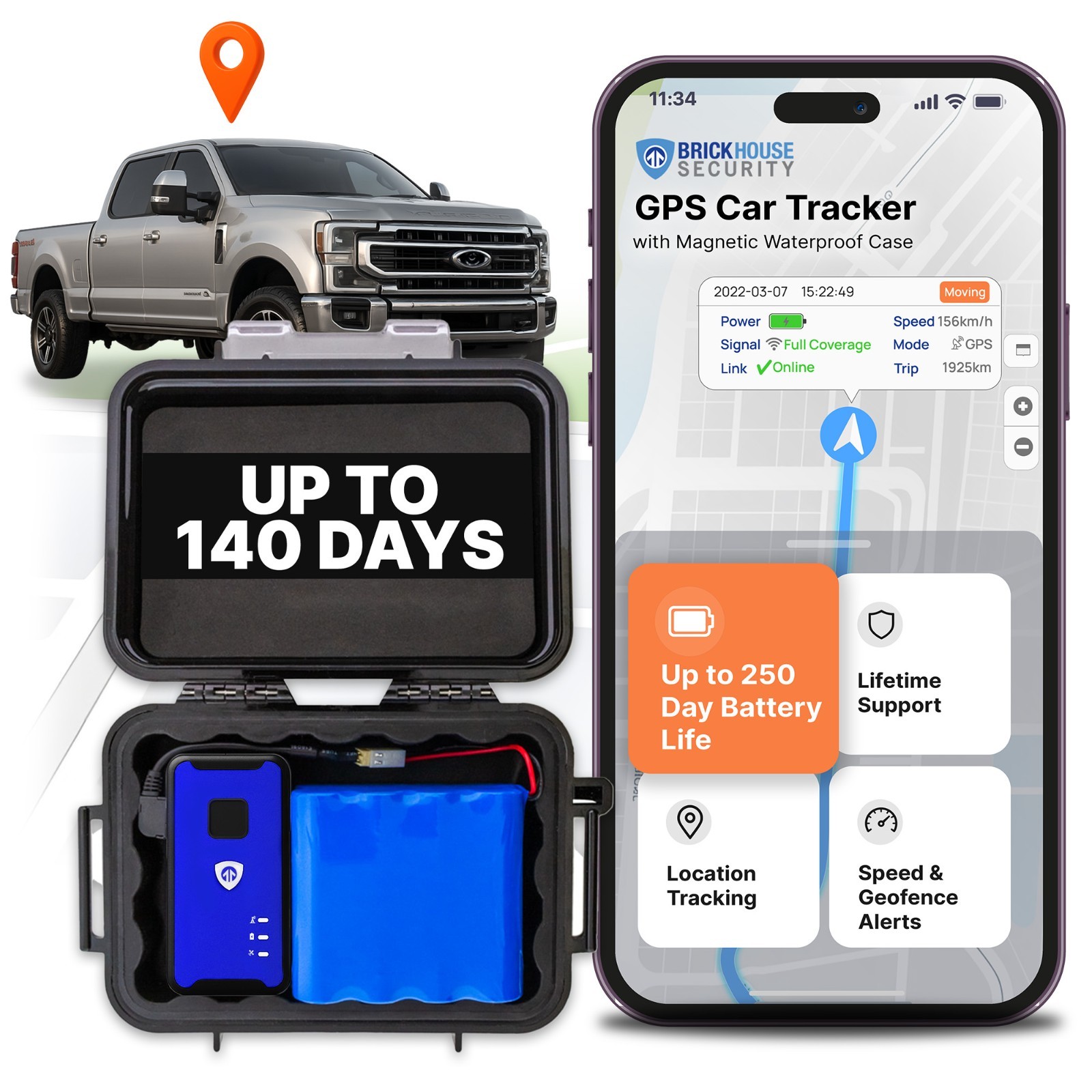 140-Day GPS Tracking Device for Vehicles with Magnetic Case & Extended Battery