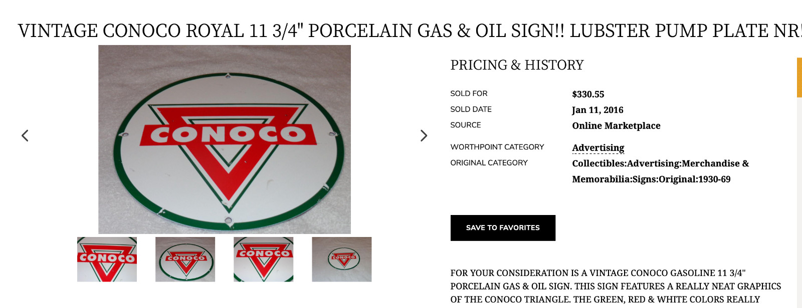 VINTAGE CONOCO ROYAL 11 3/4" PORCELAIN METAL MARLAND GASOLINE, STANDARD OIL SIGN