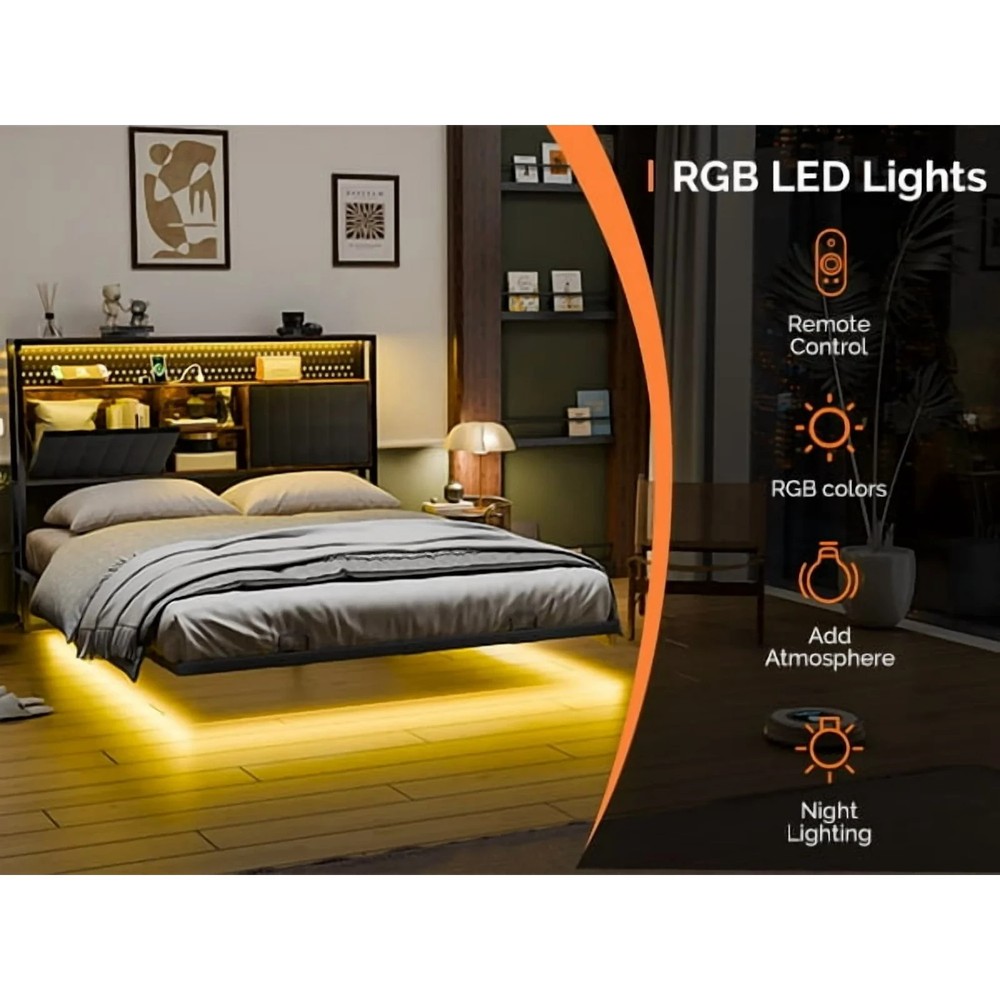 QUEEN SIZE Floating Platform Bed Frame With Charging Station Storage Headboard