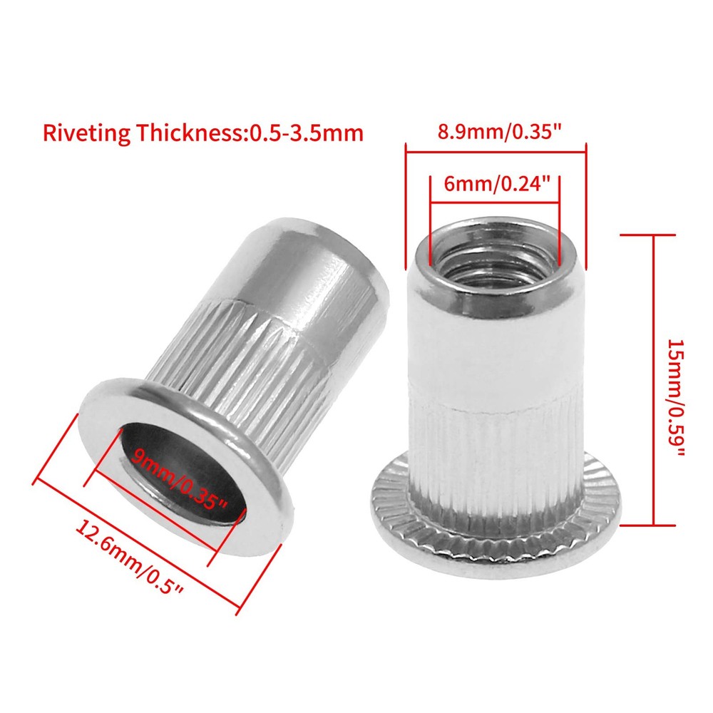 60Pcs M6 Rivet Nuts, 304 Stainless Steel Flat Head Rivnut Threaded Insert Nutse