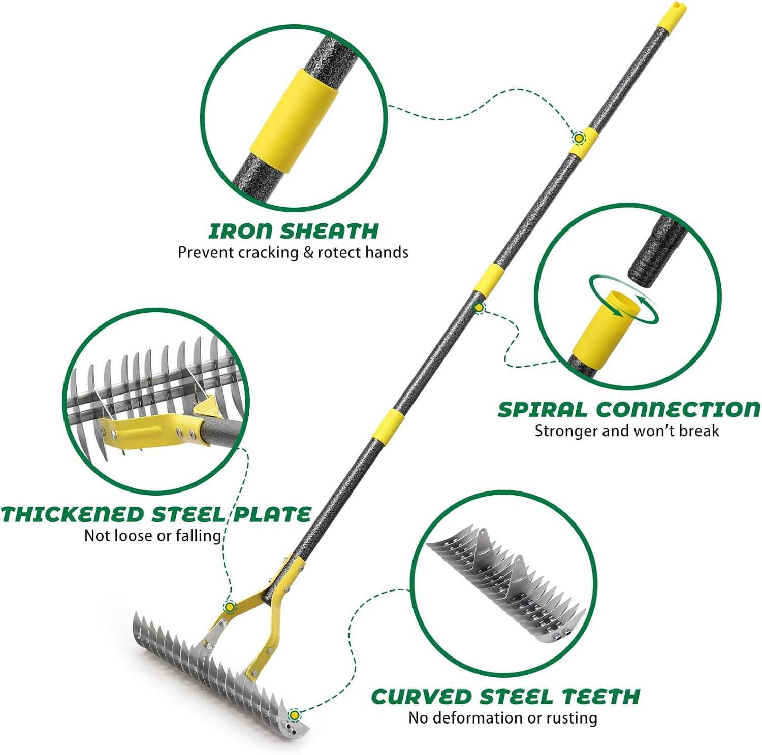 Thatch Rake,55 Inch Heavy Duty Lawn Thatching with Adjustable Stainless Steel Ha