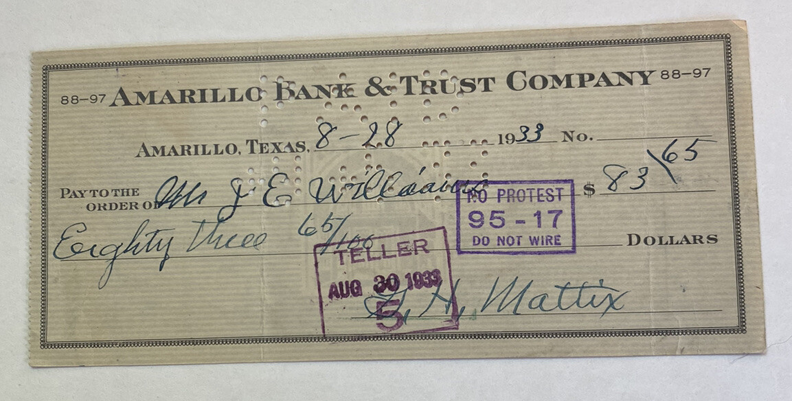 Vintage 1933 Amarillo Bank & Trust Company of Amarillo Texas TX Bank Check Draft